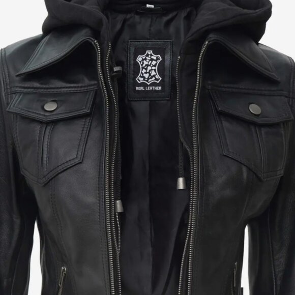 Black Bomber Leather Jacket with Removable Hood NEW Sz M - Picture 10 of 11